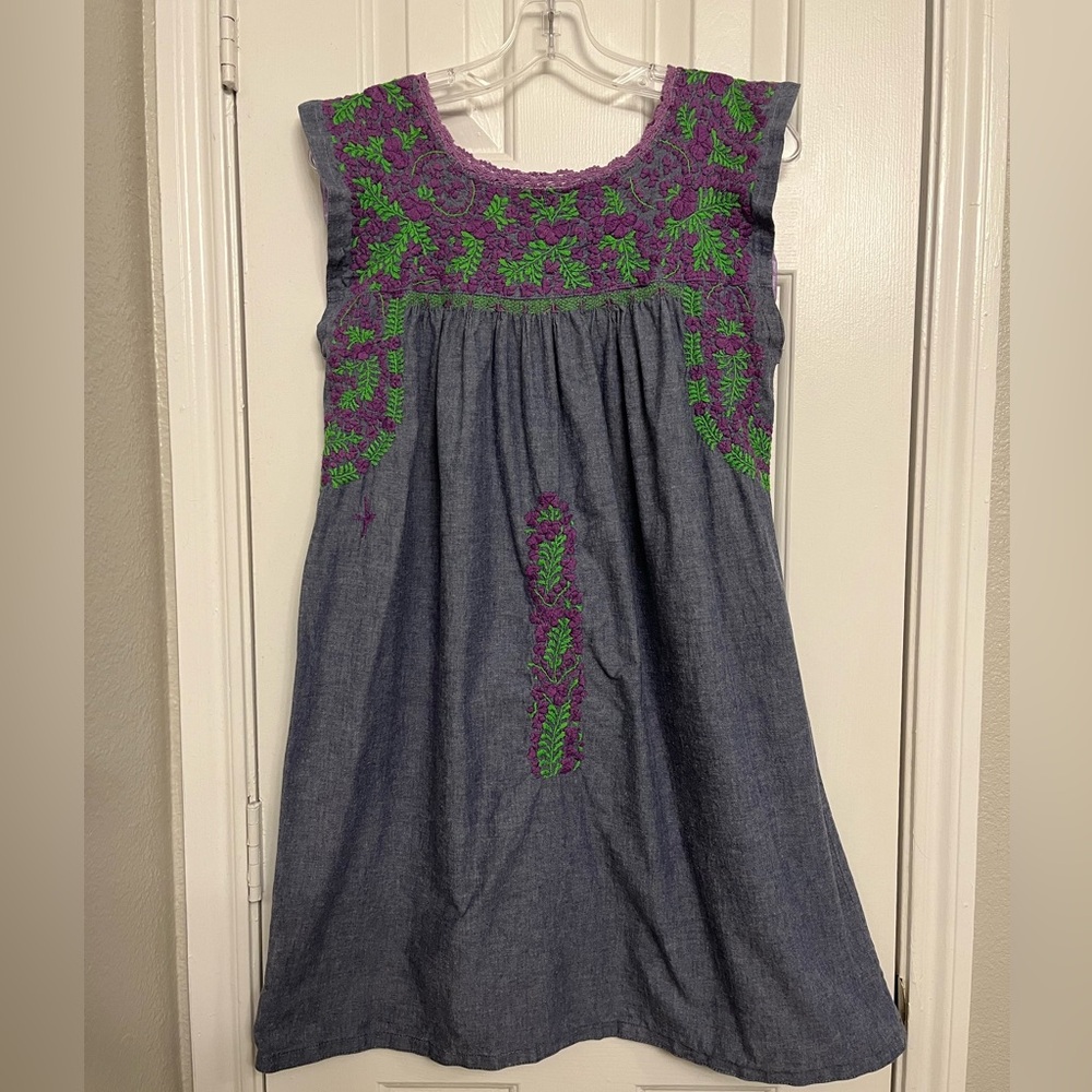 Mi Golondrina Flores Purple and Green Embroidered Mini Dress in Chambray Blue
